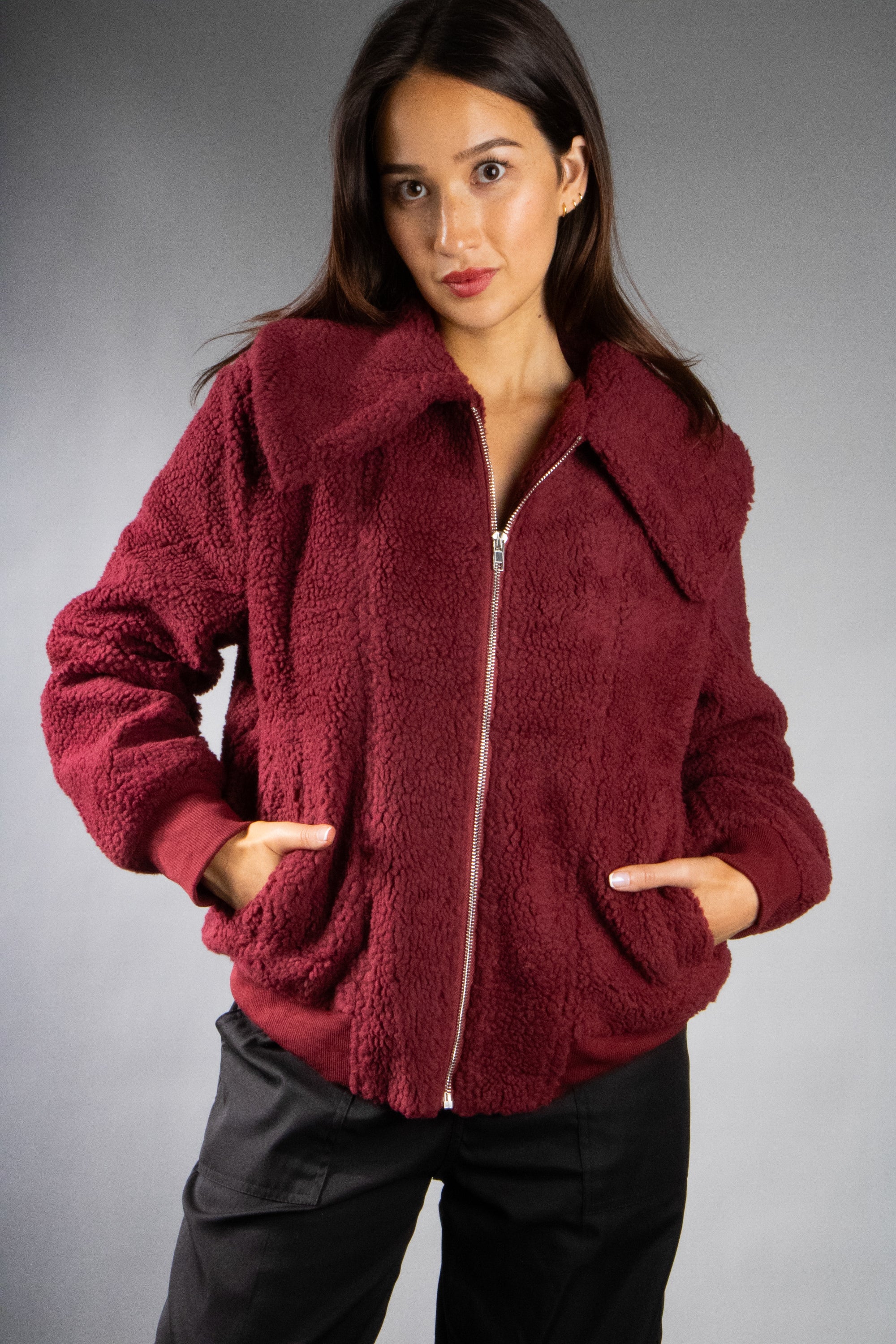 Women's Oversized Collar Plush Bomber Jacket