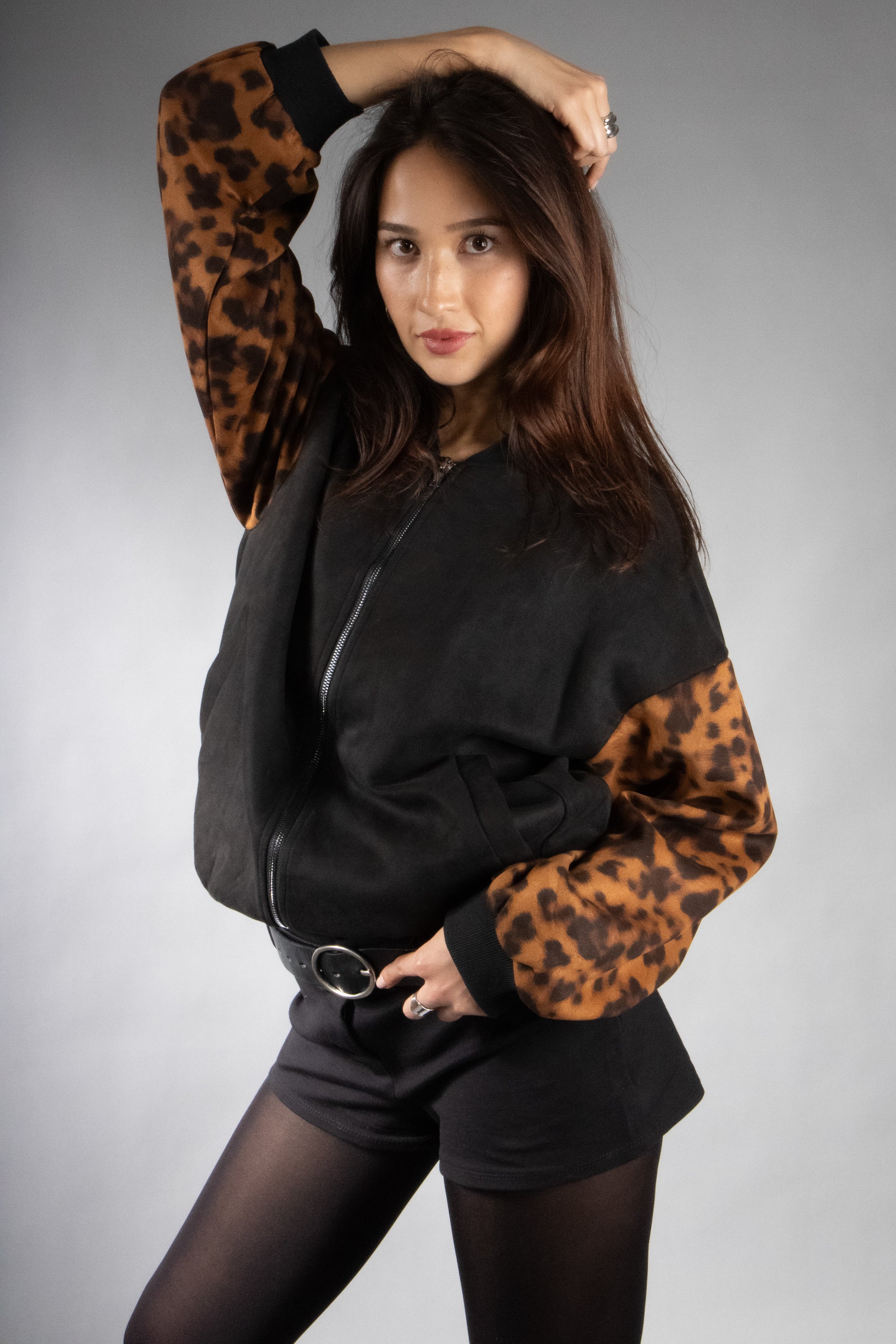 Women's Animal Print Sleeve Zip Up Jacket