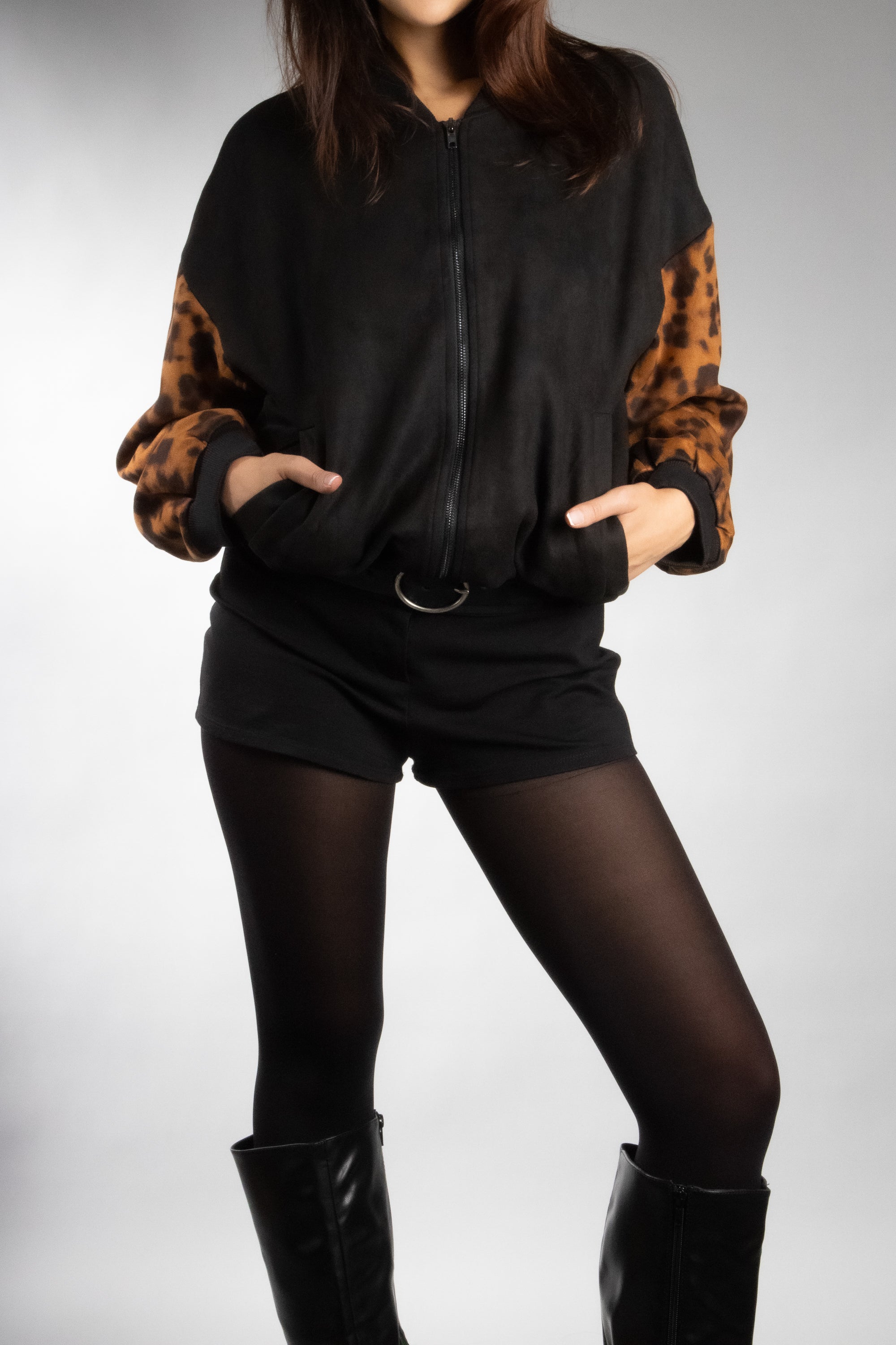 Women's Animal Print Sleeve Zip Up Jacket