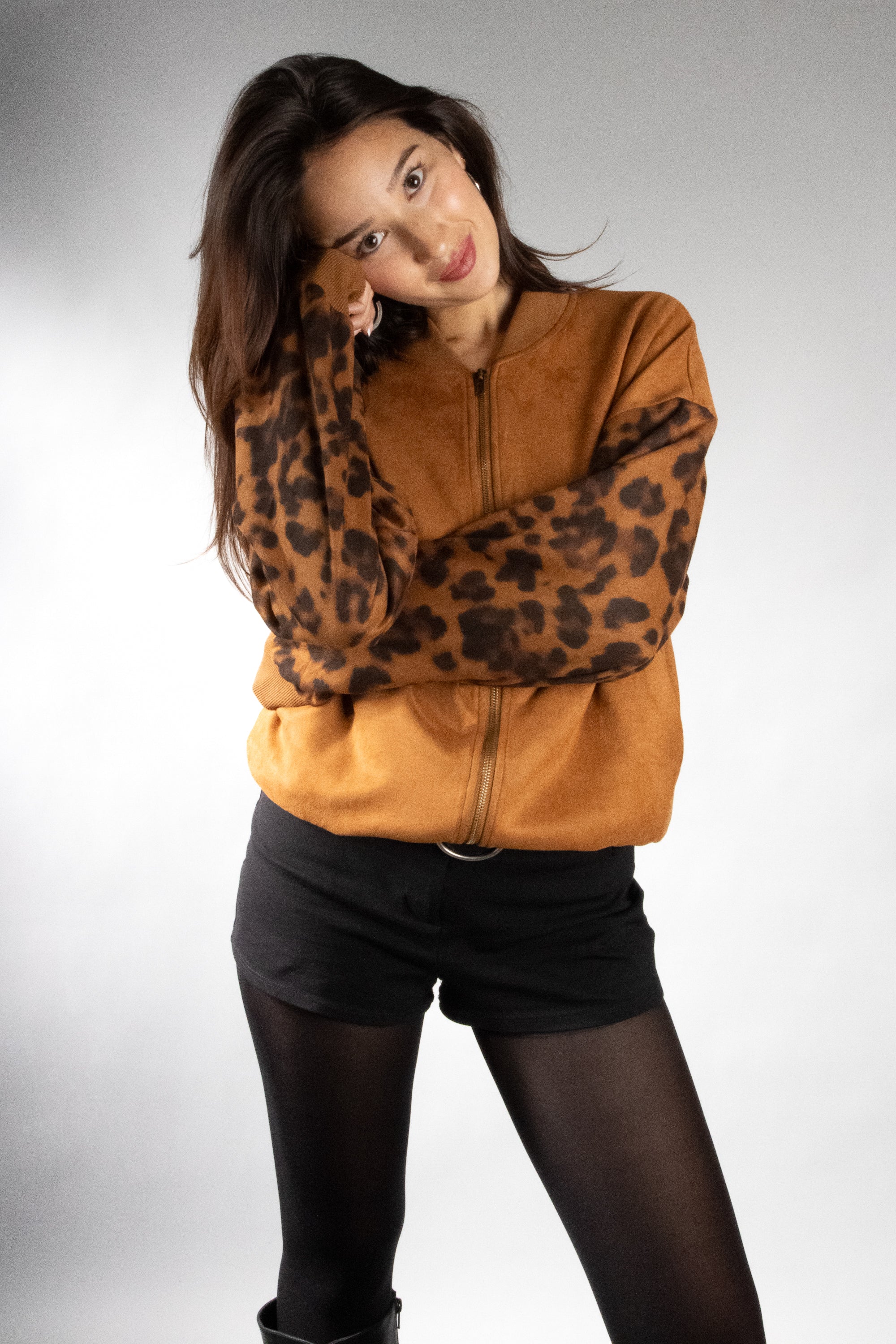 Women's Animal Print Sleeve Zip Up Jacket