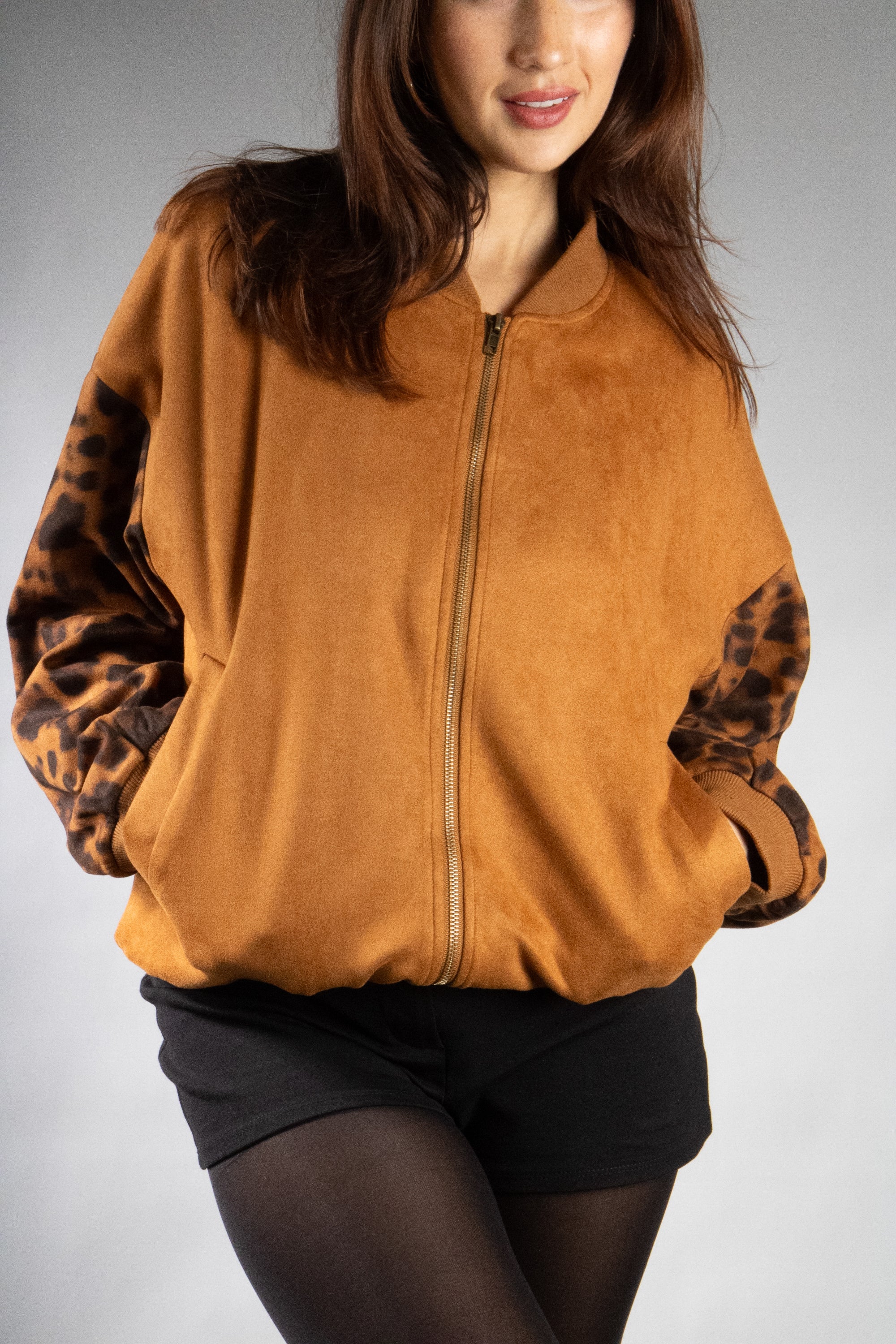 Women's Animal Print Sleeve Zip Up Jacket