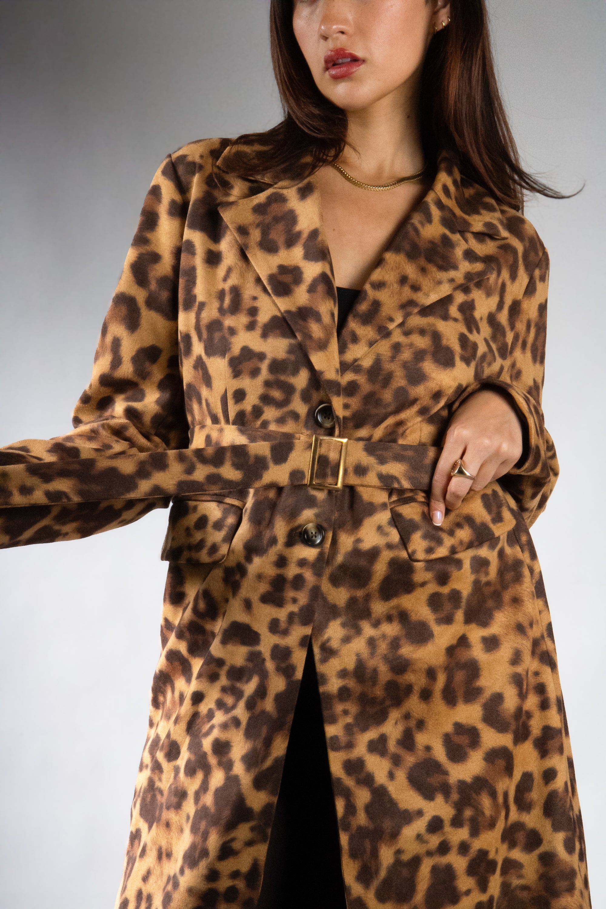 Women's Faux Suede Animal Print Trench Coat