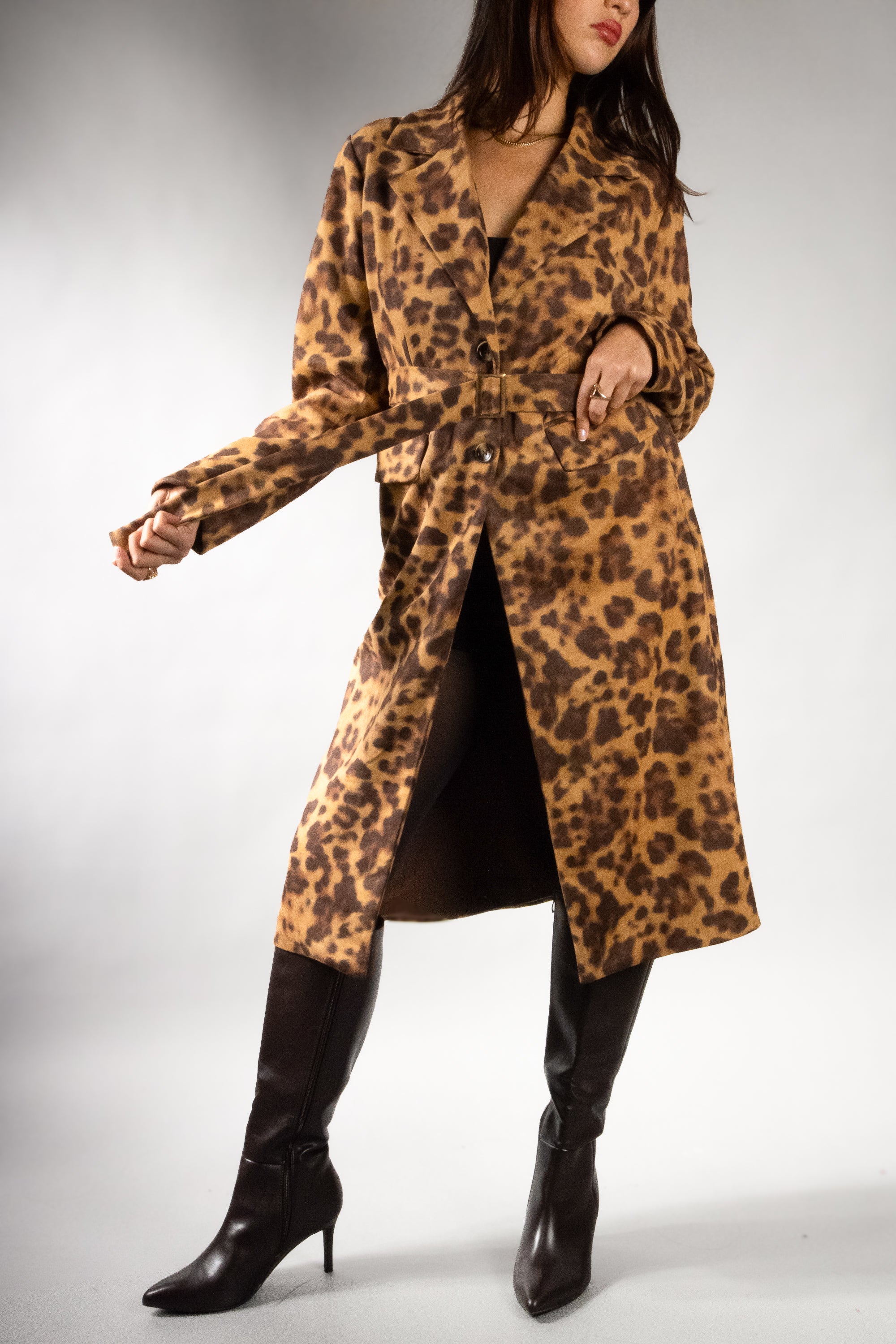 Women's Faux Suede Animal Print Trench Coat