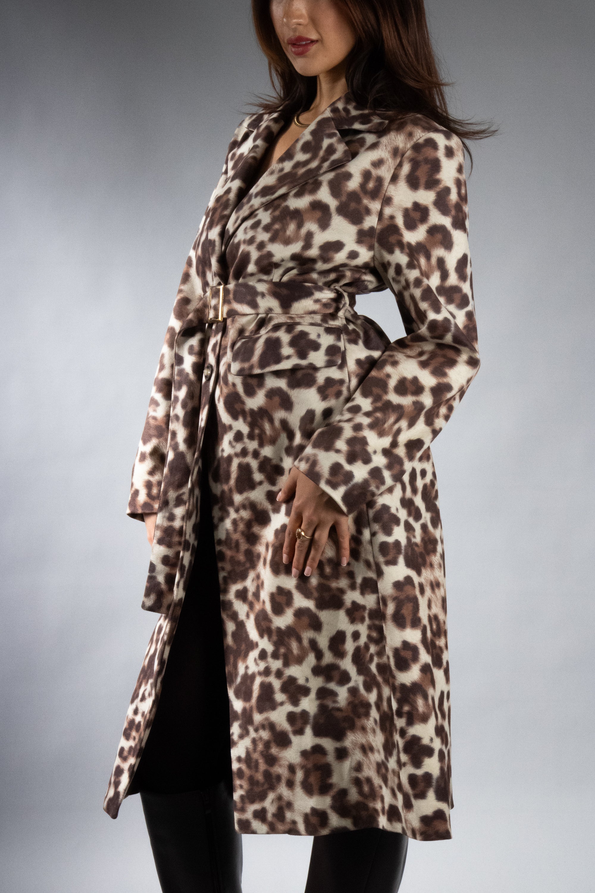 Women's Faux Suede Animal Print Trench Coat