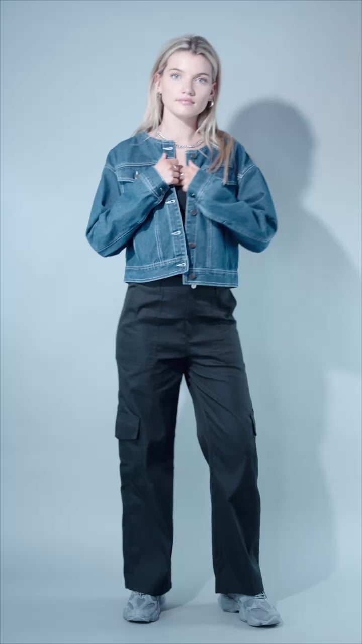 [Walmart Exclusive] Women's Mini Collarless Denim Jacket