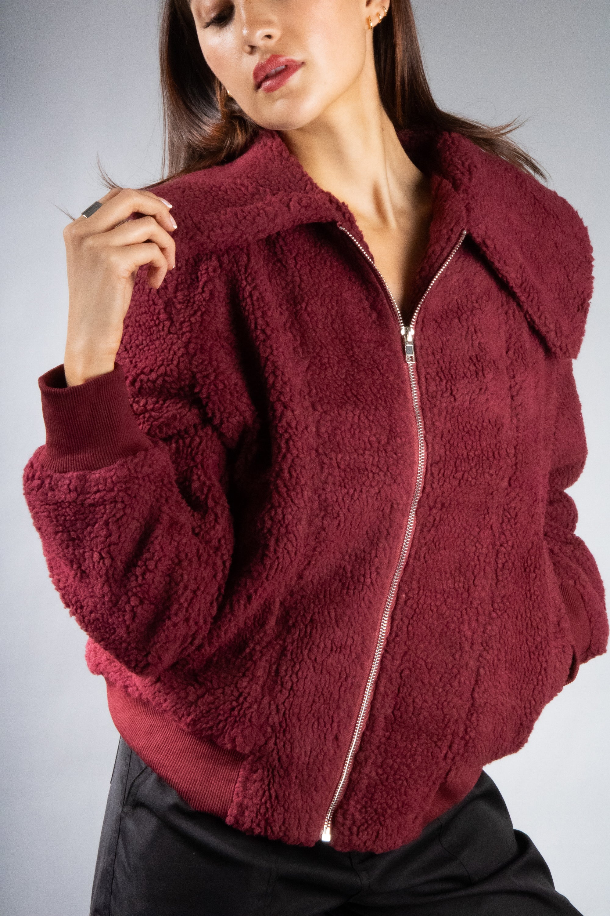Women's Oversized Collar Plush Bomber Jacket