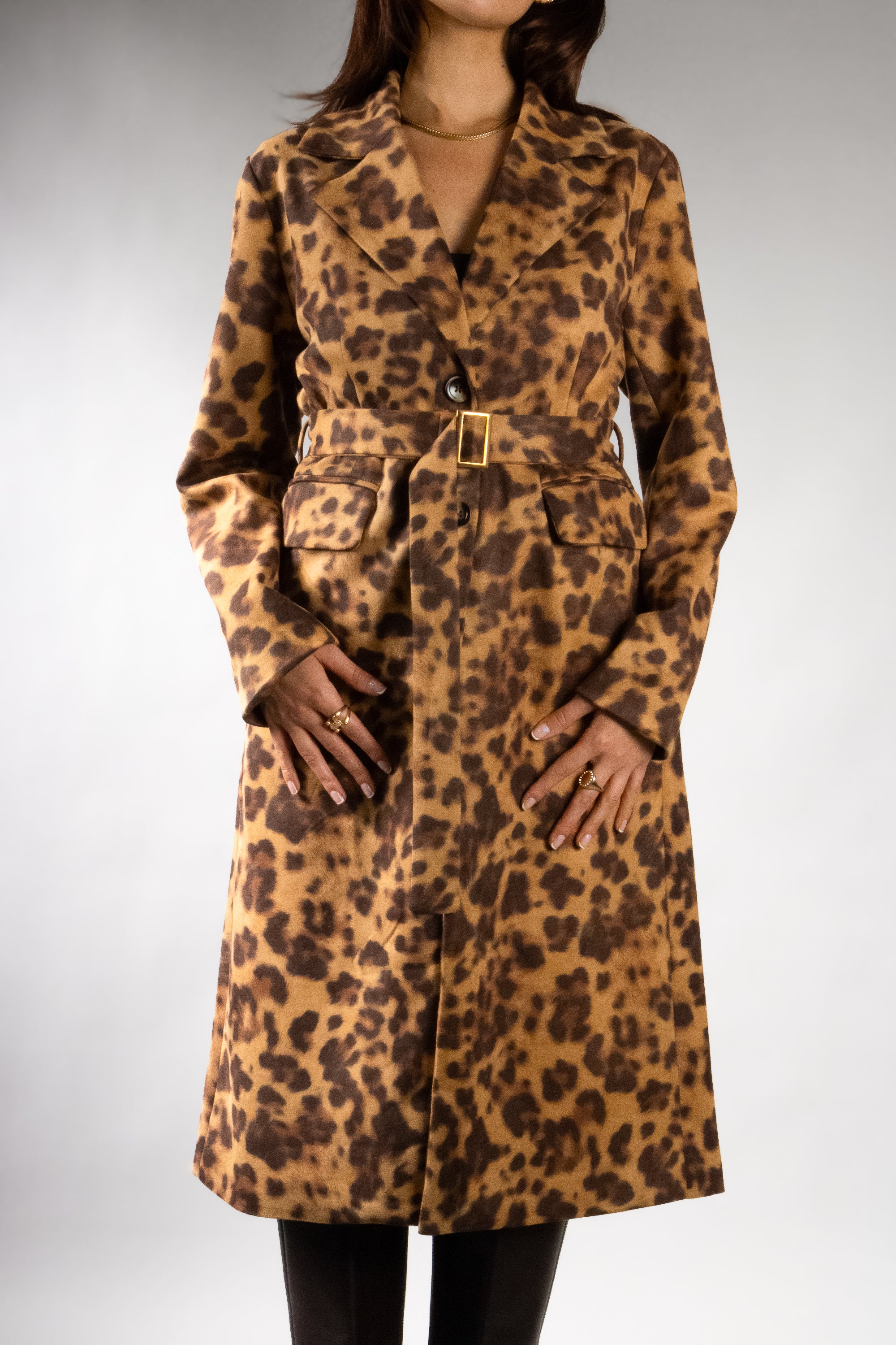 Women's Faux Suede Animal Print Trench Coat