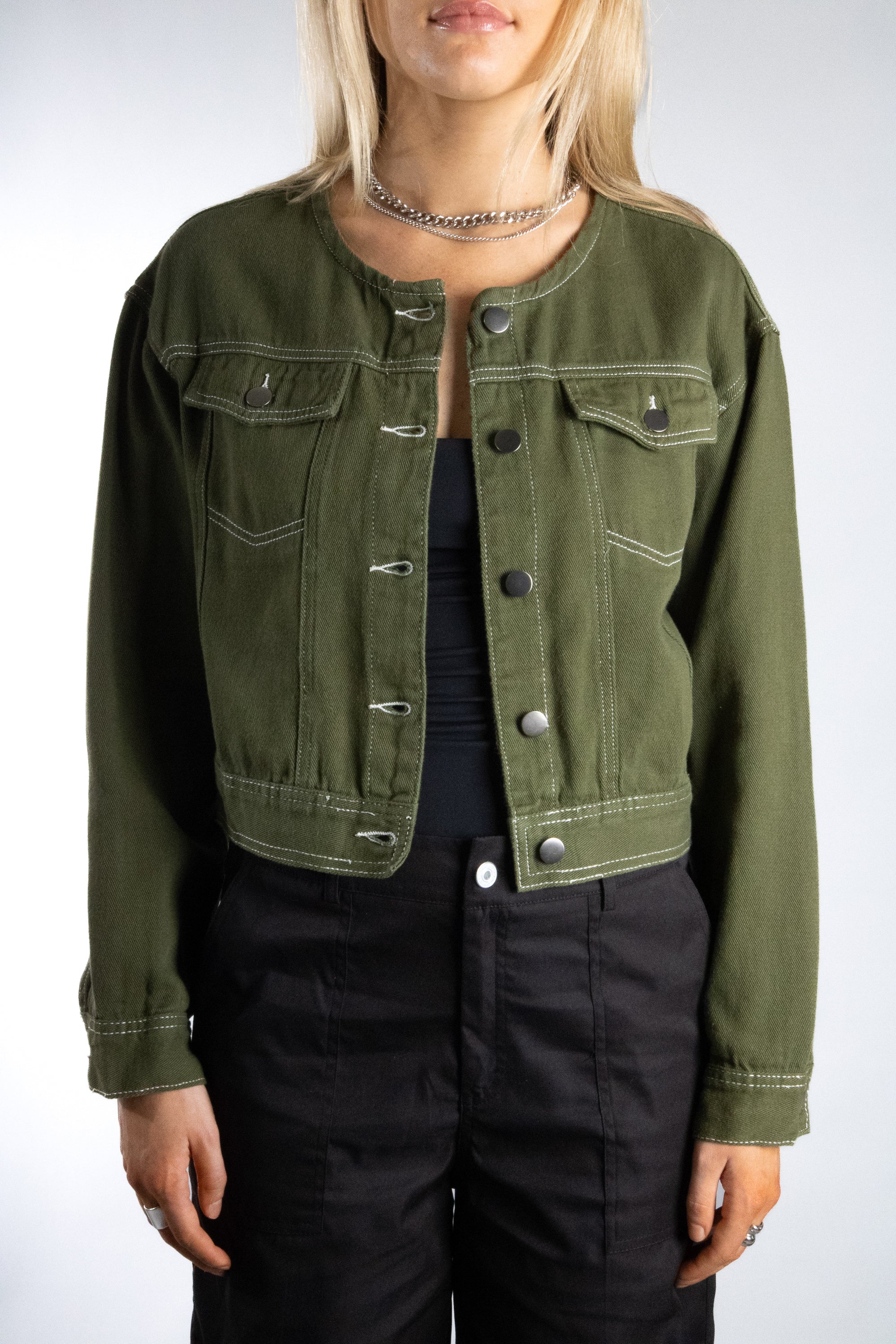 [Walmart Exclusive] Women's Mini Collarless Denim Jacket